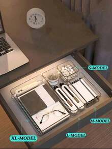 Transparent Desktop Drawer Organizer With Built-In Dividers, Suitable For Organizing Stationery And Daily Necessities In Student Dormitories; Transparent Stackable Organizer, Suitable For Cosmetics, Office Supplies; Summer Gift Organizer. - Clear - View 5