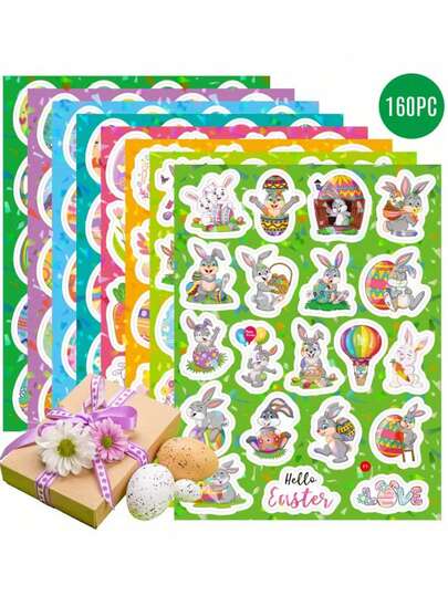 160pcs Easter Bunny & Egg Stickers - 8pcs Holographic Vinyl Decals, Suitable For Kids, Party Favors And Holiday Decorations (Colorful Cartoon Design)