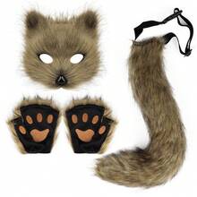 Halloween Costume Set: Faux Fox Mask, Gloves, Plush Fox Tail, Handmade Animal Tail Cosplay Accessories - Multicolor - View 8