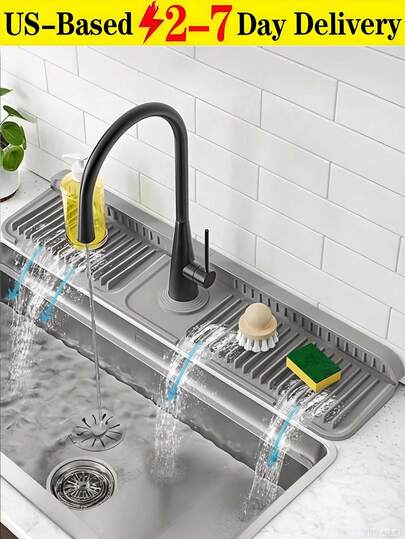 [Delivery Within 2-7 Days In The United States]1pc Silicone Water Drain Mat Kitchen/ Bathroom Sink Splash Guard Anti-Slip Surface Pad/ Rack ,Silicone Kitchen Sink Tray With Drainage Spout, Kitchen Faucet Sink Splash Guard, Silicone Faucet Water Catcher Mat, Sink Draining Pad Behind Faucet, Rubber Drying Mat, For Kitchen & Bathroom Countertop Protect, Kitchen Supplies, Bathroom Accessories, Kitchen Organizer, Household Kitchen & Bathroom Accessory ﻿24 Inch Faucet Mat For Kitchen Sink Splash Guard Behind Faucet, Sink Protectors For Kitchen Sink Faucet Mat Splash Guard For Kitchen Sink Area, Longer Silicone Faucet Guard & Draining Mat, Grey Dorm Room Essentials College Storage