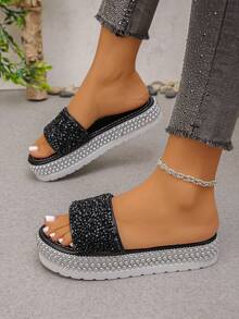 2026 New Rhinestone Embellished Thick Sole Wedge Slippers, Shiny Solid Color Unisex Crystal Sandals For Outdoor Wear, Spring/Summer - Black Full Diamond - View 4