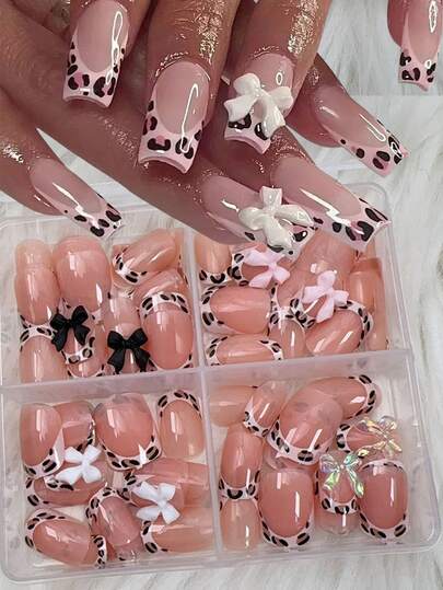 Y2K Pink Leopard Print Press On Nails - 96pcs French Tip Fake Nails With 3D Bow Charms, Glossy Acrylic False Nails For Women & Girls, Reusable Nail Extensions For Party & Streetwear Style