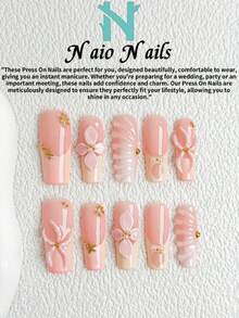 NAIO 10片/套 春夏手工按压式美甲贴片，夏季海滩主题美甲，棺材形/杏仁形/短方形甲片，Y2K 酷炫风格，裸色、黄色、粉色，法式边，粉色渐变，波浪纹，海星，花卉浮雕，海星金属珍珠配饰，奶油质地，适合女性和女孩，派对、日常佩戴，附带工具包，女士美甲用品、度假美甲的绝佳礼物，粘贴式假指甲套装，海洋主题礼物 - 彩色 - 查看 15