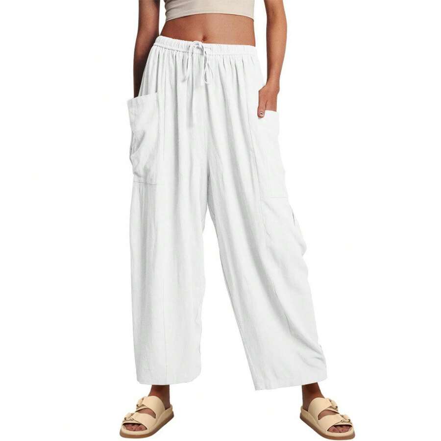 2026 Women's Elastic Waist Pleated High Waist Wide Leg Pants Loose Casual Cotton Linen Trousers Suitable For Going Out, Suitable For Mothers And Sisters To Give Gifts - 白色 - 查看 1