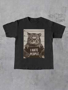 女士加大码休闲猫咪字母印花圆领宽松短袖T恤，夏季户外穿着，黑色 - 黑色 - 查看 4