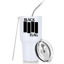30oz Stainless Steel Tumbler Black White Options,  Black Flag White Stripes Design Graphic Cups, Insulated Travel Coffee Mug With Lid And Straw , Double Wall Vacuum Reusable Travel Cups, Funny Birthday Party Gift For Women & Men - 白色 - 查看 1
