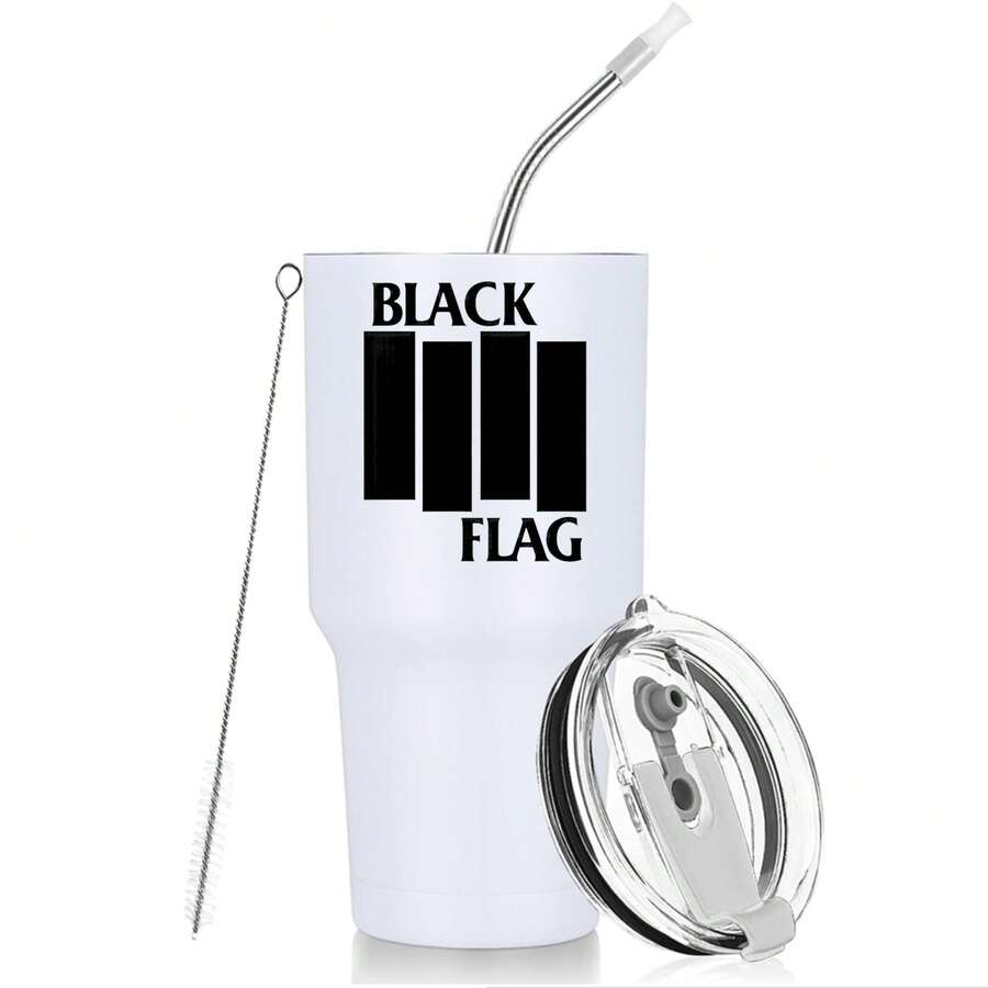 30oz Stainless Steel Tumbler Black White Options,  Black Flag White Stripes Design Graphic Cups, Insulated Travel Coffee Mug With Lid And Straw , Double Wall Vacuum Reusable Travel Cups, Funny Birthday Party Gift For Women & Men - 白色 - 查看 1
