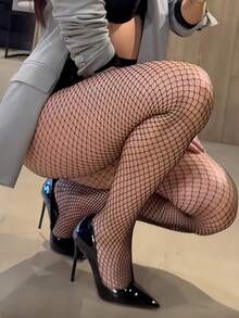 超薄透明渔网袜，高弹力，适合大码身材 - 黑色 - 查看 4