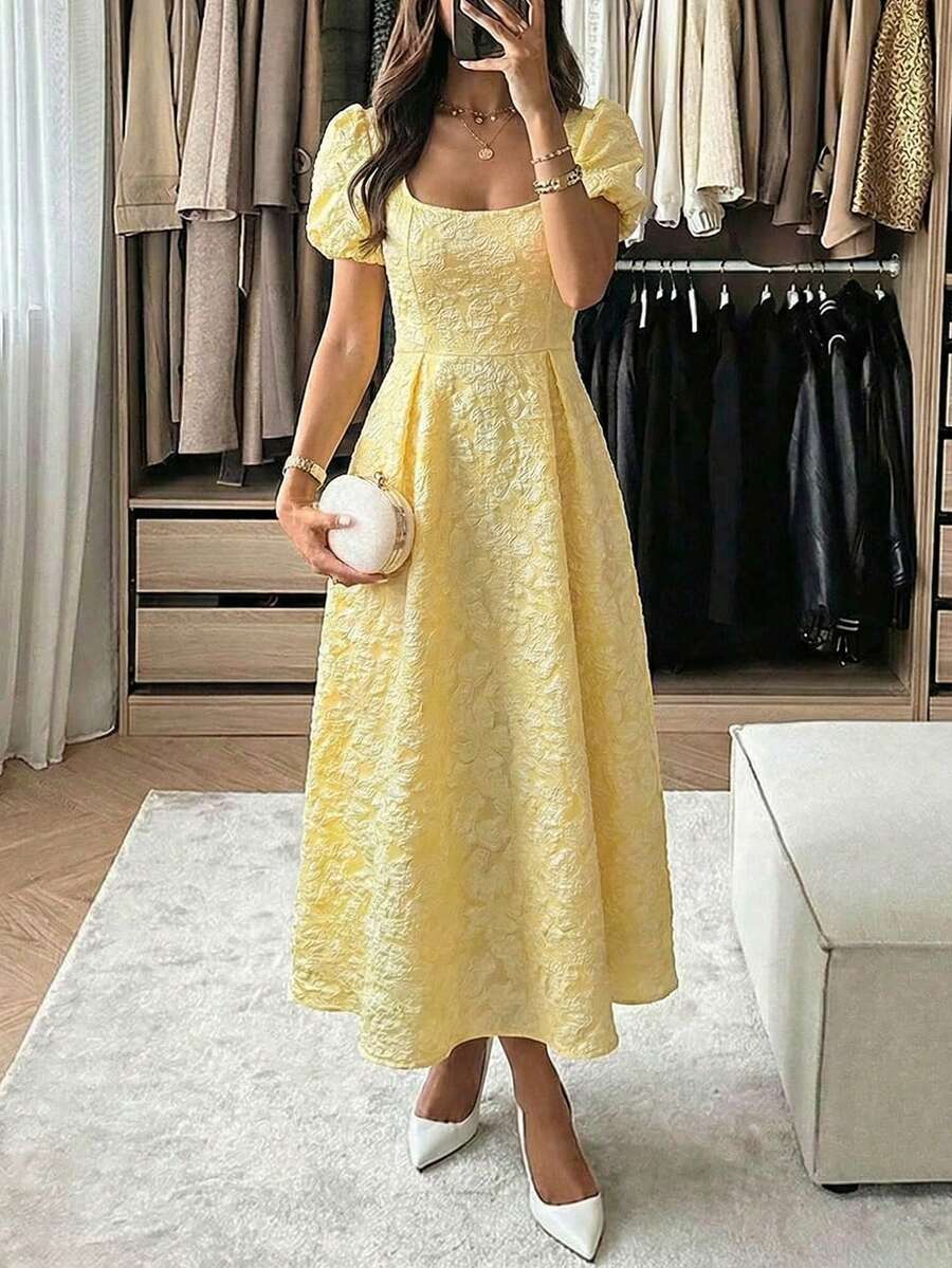 Đầm nữ mùa xuân/hè thanh lịch cổ vuông tay cánh hoa họa tiết hoa, eo xếp ly, chân váy xòe, thích hợp cho kỳ nghỉ, đám cưới, tiệc tùng. - Màu vàng - Xem 1