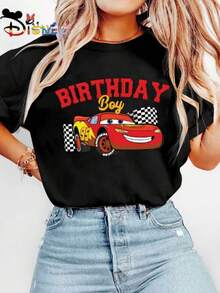 Camiseta de mujer con estampado de Lightning McQueen de Disney - Camiseta de manga corta de ajuste ceñido con estampado de Lightning McQueen, 100% algodón, adecuada para ir al trabajo y atuendos casuales, para primavera, verano y otoño (lavable a máquina) - Negro - Ver 2