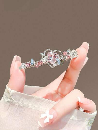 1个奢华粉色水晶心形蝴蝶发夹，精致仙女风发饰，女士发卡，发夹，爪夹