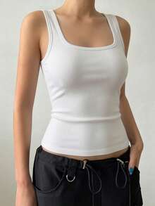 1pc Women Casual Comfortable Padded Square Neck Camisole Top, Slim Fit Ribbed Sleeveless Undershirt, Suitable For All Seasons - White - View 4