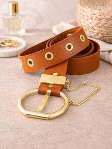 Women's Belt With Chain Buckle - 駝色 - 查看 2