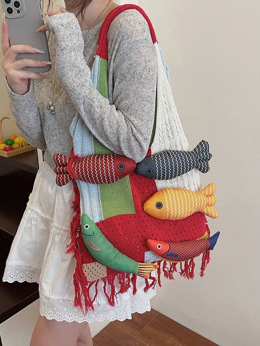 1pc Colorblock Fish Design Large Capacity Shoulder Tote Bag, Crochet Bohemian Style Beach Vacation Everyday Bag For Women - Red - View 1