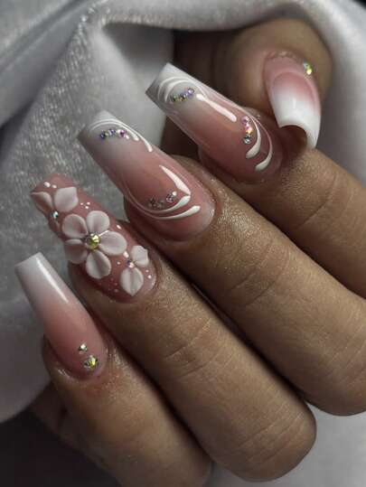 24pcs Of Medium-Length Ballet-Style Nails With A Gradient Of White 3D Three-Dimensional Relief Flowers And Rhinestone Decorations Covering The Entire Surface. These Push-On Detachable Fake Nails Are Suitable For Ladies As Festival Gifts, Daily Use, Party Nail Art Decoration.