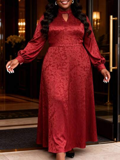Plus Size Dam Vinröd Blommig Jacquard Maxiklänning Med Nyckelhålsringning Långärmad A-linjeklänningar För Bröllopsgäster Fest Cocktail