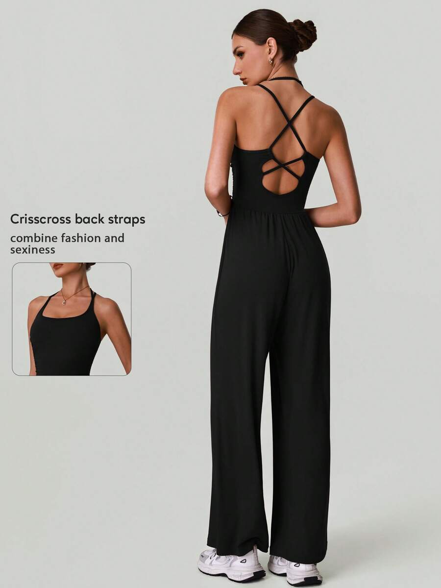 Bộ jumpsuit yoga gợi cảm không tay cạp cao lưng chéo dành cho nữ - màu đen - Xem 1