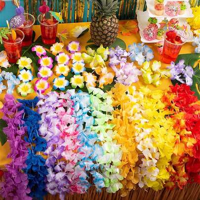 8pcs/Set Hawaiian Flower Leis, Colorful Tropical Flower Garland For Party, Beach Party Decor, Summer Party Favors, Wedding Necklace - Random Color