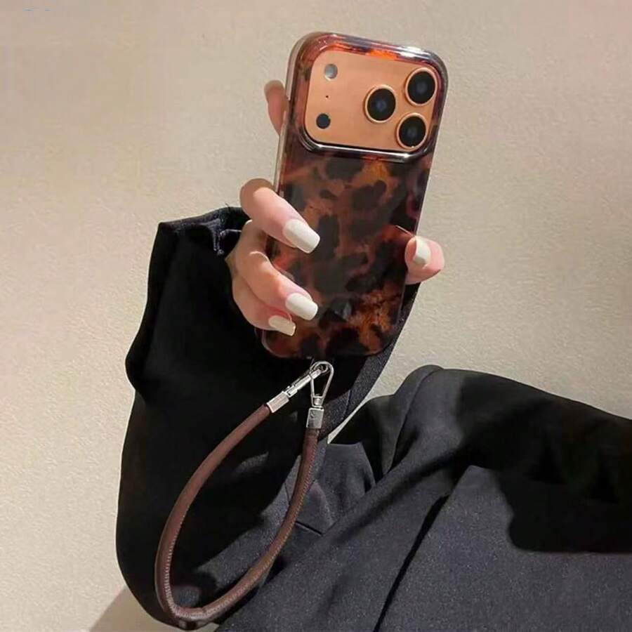Cheetah,Leopard Print Luxury Leopard Print Seashell Texture Phone Case, Suitable For IPhone 17 Pro Max, 17 Pro, 17 Air, 17, 16, 15, 14 Plus, 13, 12 Pro Max, 11, Fashionable Shock-Resistant Back Cover - Gold Base Leopard Print + Rope - View 1