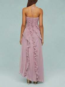 WT-2026 Hot Selling Women Ruffle Hem Pleated Sheer Mesh Long Maxi Dress Sleeveless Halter Neck Irregular Tiered Flowy Long Maxi Dresses For Wedding Guest Summer Holiday Beachwear ElegantMaxiDress. - 藕粉色 - 查看 6