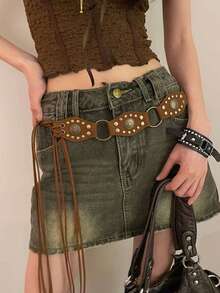 1pc Coffee Color PU Material Women's Bohemian Rivet Tie Waist Belt - Coffee - View 2