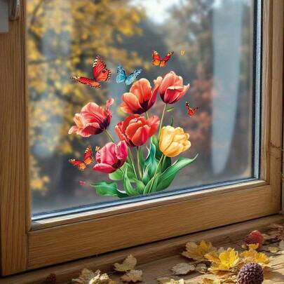 Adhesivos de pared con estilo acuarela de tulipanes y mariposas, autoadhesivos y removibles, decoración de ventanas de sala de estar y dormitorio, calcomanías decorativas florales cálidas, resistentes al agua y al sol, decoración de pared para remodelar el hogar de alquiler