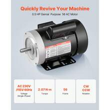0.5 HP Electric Motor, 1725RPM Air Compressor Motor, CW/CCW Rotation, 5/8 Inch Shaft Diameter, 1.88inch Shaft Length, 2.07N.M Torque, Single-Phase, TEFC Cooling, 115V/230V, 56 Frame - 0.5HP 1725RPM Single Phase - View 2