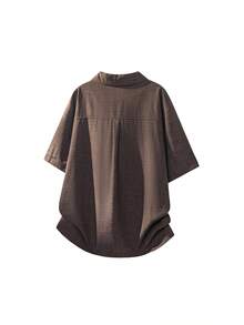 1pc Brown Loose Fit Faux Linen Men's Shirt, Casual Vacation Shirt, Lightweight Breathable, Vacation Style, Machine Washable, Oversized Fit, Summer Beach Holiday, Beach Outing, Fresh And Comfortable Men's Top, Size Runs Large, Can Order One Size Down - Coffee Brown - View 5