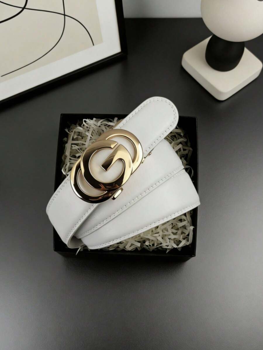 1pc High-End Men's Sexy Zinc Alloy Letter Automatic Buckle Belt, Men's Casual Minimalist Solid White Waist Belt, Suitable As Gift For Boyfriend Or Friend - Multicolor - View 1