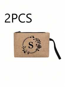 1 pieza Bolsa con cremallera de lino con estampado de letra, patrón de letra floral de moda, monedero, bolsa de cosméticos, regalo para mujeres, maestras, organizador de viaje: perfecto para exteriores y belleza, adecuado para mujeres, madres, amigas, damas de honor, estudiantes, vuelta al colegio, maestras - Caqui - Ver 40