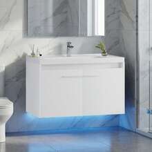 31" Floating Bathroom Vanity With Sink Combo, Wall Mounted Bathroom Vanity Cabinet With LED Light, 2-Door Bathroom Storage Cabinet For Small Bathroom, White/Grey/Black, (USB LED Strip) - 白色 - 查看 9