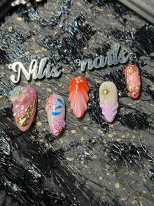 10pcs Handmade Fully Covered Almond Nails Acrylic Kit, Light Purple, Light Blue, Orange And Other Colors Of Nails, Ocean Baroque Style, Y2K Nail Art Set,Removable False Nails,Suitable For Festivals, Daily And Other Places - Multicolor - View 6