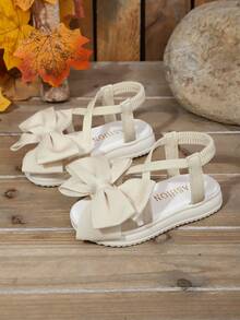 1双女童夏季凉鞋，米色双蝴蝶结套脚凉鞋，简约百搭，适合日常、度假、搭配服装 - 米色 - 查看 4