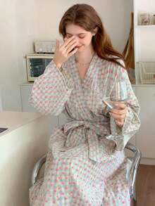 Charming & Sweet Robe, New Spring/Autumn Design, Heart-Shaped Plaid Pattern, Elegant Loose Fit, Comfortable Casual, Mid-Length Loungewear. Must-Have For Back To School Season - Multicolor - View 7