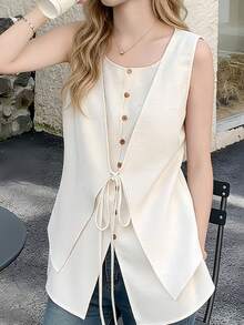 Elegant Women's Spring/Summer New Stylish Front Button Sleeveless Vest, Casual Versatile 2 In 1 Shirt Blouse, Suitable For Daily Street, Vacation, Home, Office, Date And Other Occasions - Apricot - View 8