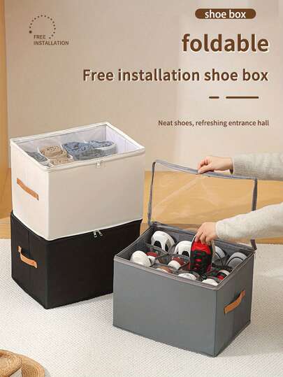 Foldable Fabric Shoe Storage Box, Holds 12 Or 16 Pairs Of Shoes, Large Fabric Shoe Storage Container With Lid, Adjustable Dividers, Transparent Cover For Dust And Moisture Protection, Multi-Purpose For Home, School, Dorm, Closet, Washable And Moisture-Proof