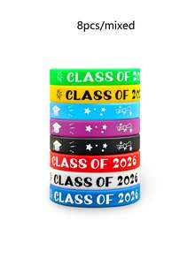 8pcs Class Of 2026 Silicone Bracelets – Reusable Graduation Wristbands With Fun Designs (Stars, Diploma, Cap & More) Glow At Night For Events, Parties, And Team Supplies – White/Red/Black/Multicolor Options - View 7