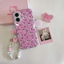 SANRIO Cute Strawberry Cartoon Hello Kitty Bling Glitte Phone Case For 11 12 13 14 15 16 17 Pro Max 3D Flower KT Wrist Strap Protect Cover - 唯一情況 - 查看 5