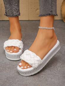 2026 New Rhinestone Embellished Thick Sole Wedge Slippers, Shiny Solid Color Unisex Crystal Sandals For Outdoor Wear, Spring/Summer - White Sponge Strip - View 6