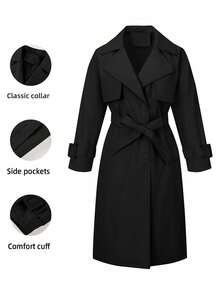 Risissida Women's Minimalist Long Windbreaker, Suitable For Spring And Autumn, With Belt And Pockets, Versatile For Various Occasions - Black - View 3