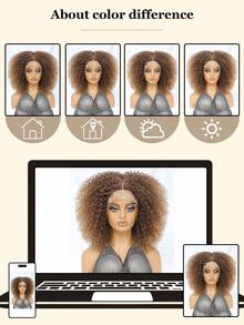 Peruca sintética afro cacheada curta ombré castanha com renda frontal de 14 polegadas, repartição em T, mechas baby hair e efeito volumoso para mulheres. - Multicolorido - Ver 12