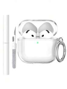 2 piezas Estuche de auriculares Bluetooth de unicolor de aleación + Estuche de auriculares transparente + Cepillo de limpieza compatible con (1ra, 2da, 3ra, 4ta generación, Pro, Pro 2) Regalo de primavera - transparente - Ver 1