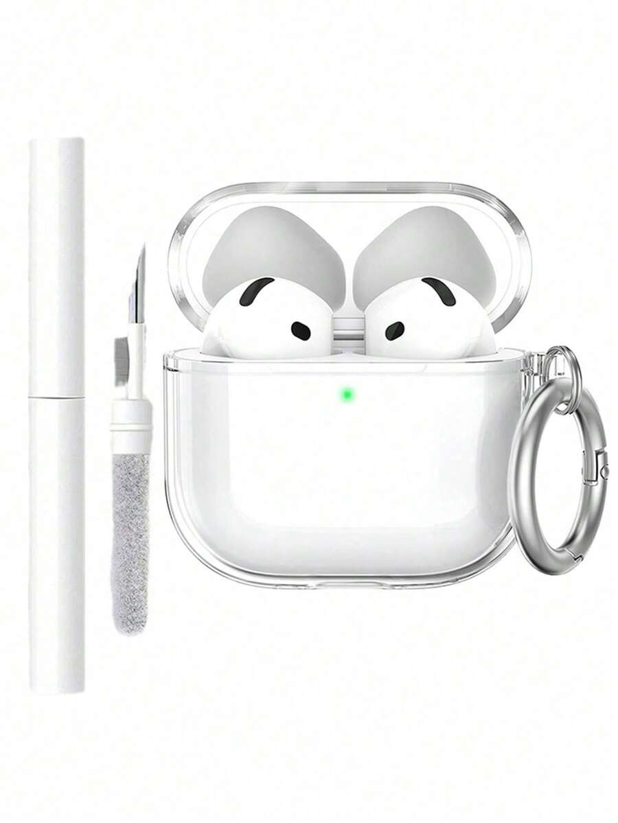 2 piezas Estuche de auriculares Bluetooth de unicolor de aleación + Estuche de auriculares transparente + Cepillo de limpieza compatible con (1ra, 2da, 3ra, 4ta generación, Pro, Pro 2) Regalo de primavera - transparente - Ver 1