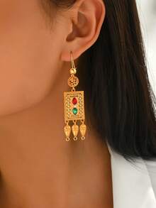 1 Pair Synthetic Zirconia Geometric Tassel Earrings, Classical Palace Style, Suitable For Women's Party, Festival, Gathering - Gold - View 3