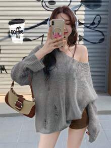 性感简约斜肩镂空设计套头毛衣，适合外出、约会、居家和通勤，秋冬季穿着。 - 灰色 - 查看 2