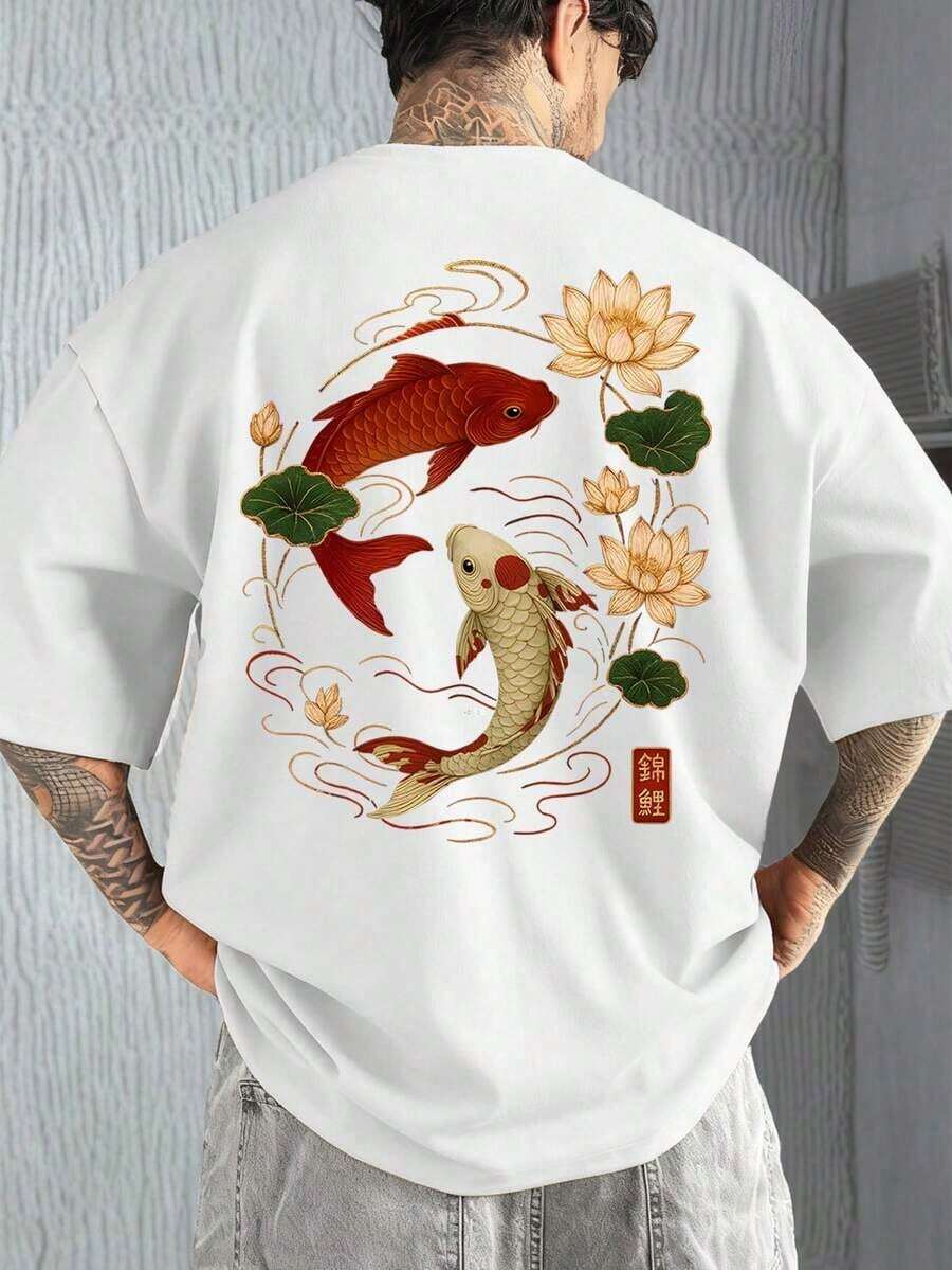 Men's FRACTYR Minimalist Fashionable Summer Carp Print Crew Neck Short Sleeve T-Shirt | Casual Streetwear Matching T-Shirt, Gift For Boyfriend/Husband - 白色 - 查看 1