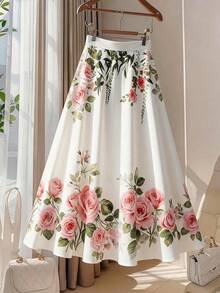 French Rose Print A-Line Skirt, Slimming & Flared White - White - View 2