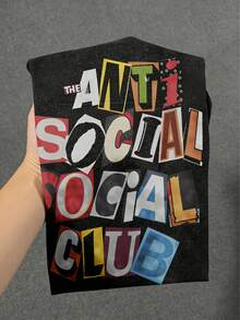 OMSTUDIO Retro Washed Short Sleeve T-Shirt (230GSM), Men's Double-Sided Printed T-Shirt Colorful Anti Social Club Pattern, Comfortable, 100 Percent Cotton, Graphic Cropped Graphic Tee, Men Graphic Tees ,Street Wear, Size S XXXL, Shipped From Local Warehouse, Man Gift. - 黑色 - 查看 2