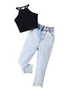 Traje de pantalón para niña, informal, tejido de calle, chaleco de verano, pantalones vaqueros largos con bolsillos - Negro - Ver 6