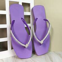 Women's Comfortable Black Square Toe Flip-Flop Sandal With Rhinestone Strap And Bow - Purple - View 2